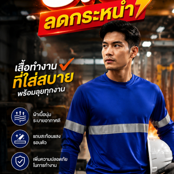 เสื้อแถบสะท้อนแสง เสื้อยืดแขนยาวผู้ชาย เสื้อคนงาน เสื้อคอกลมยาว ผ้าไมโคร สำหรับสวมใส่ทำงานทั่วไป