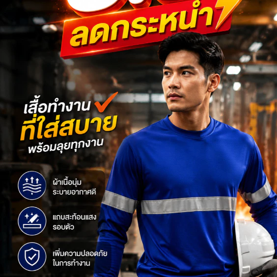 เสื้อแถบสะท้อนแสง เสื้อยืดแขนยาวผู้ชาย เสื้อคนงาน เสื้อคอกลมยาว ผ้าไมโคร สำหรับสวมใส่ทำงานทั่วไป
