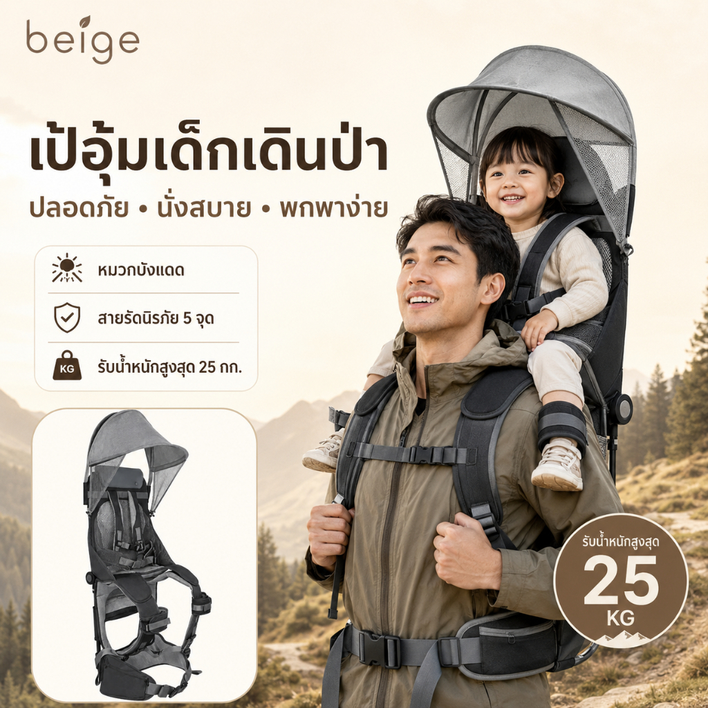 Beige เป้อุ้มเด็กเดินป่า มีหมวกบังแดด สายรัดนิรภัย 5 จุด พับเก็บได้ รับน้ำหนัก 25 กก. สำหรับเดินทาง