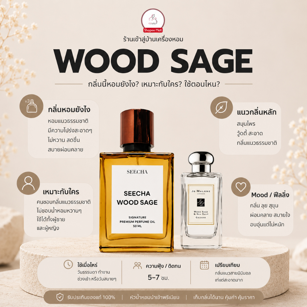 กลิ่น wood sage วู้ดเสจ [✨กด 3ชิ้น เพื่อรับโปร2แถม1✨] น้ำหอม สี ชา ออยล์ ของแท้ seecha oil Perfume