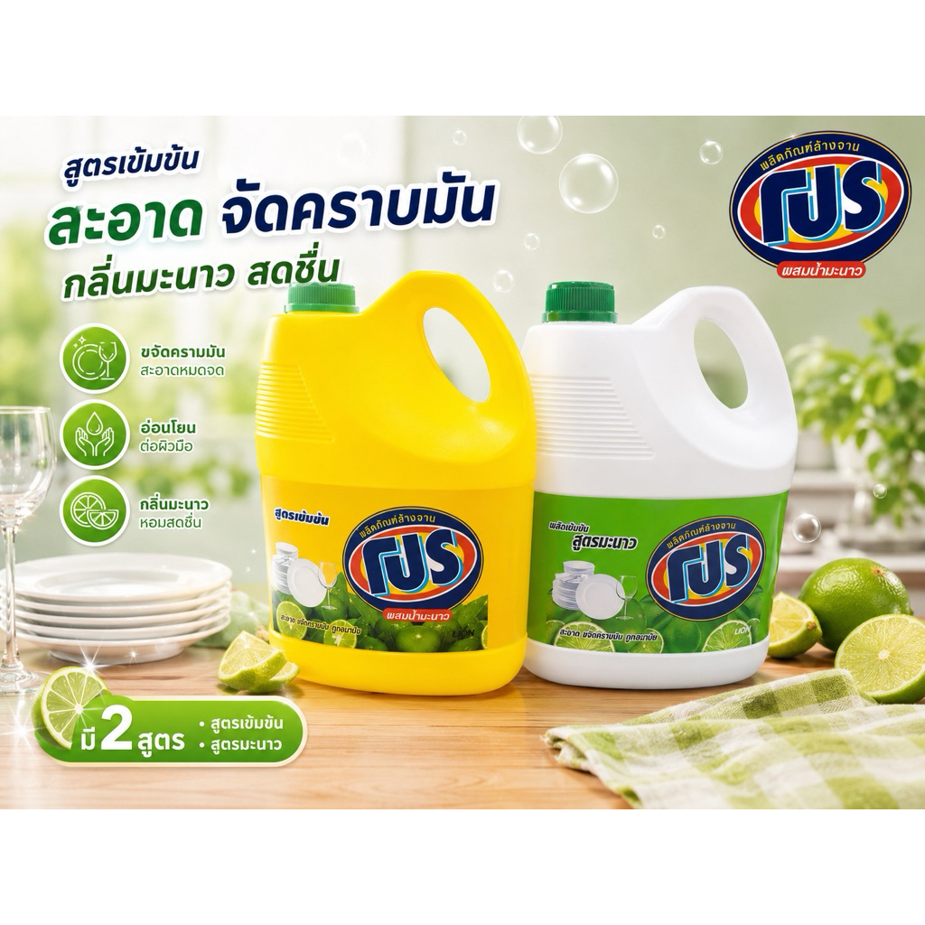 น้ำยาล้างจาน PRO สูตรเข้มข้น 3600 มล. และสูตรมะนาว 3200 มล.ขจัดคราบมันได้อย่างหมดจด