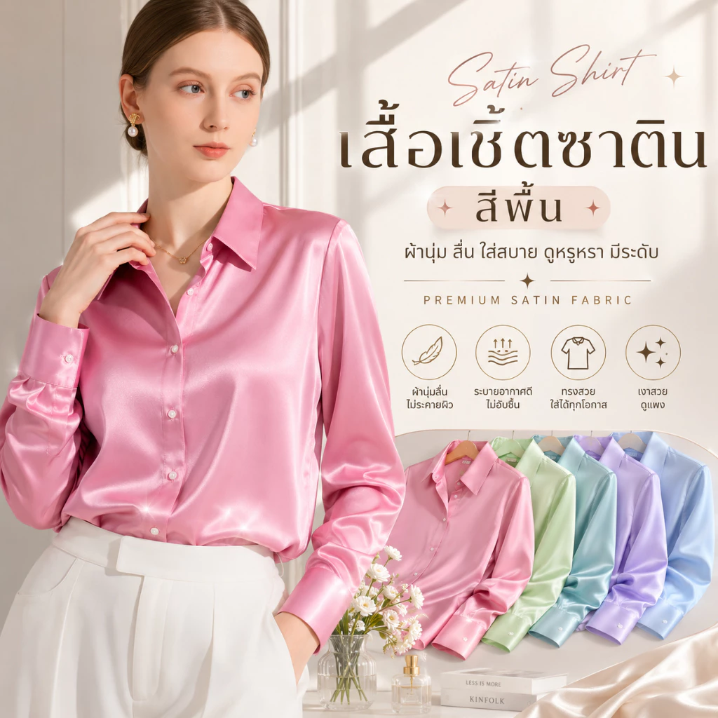 SUNBALEE 🪸 SP-2 เสื้อซาติน เสื้อแฟชั่นสำหรับผู้หญิง เสื้อคอปก แขนยาว เสื้อเชิ้ต ผ้านิ่มลื่น ใส่สบาย สินค้าพร้อมส่ง