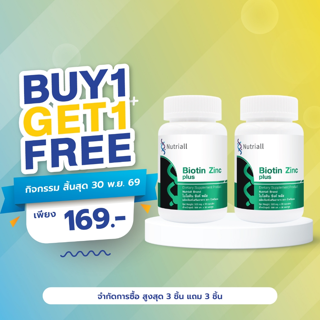 [ซื้อ 1 แถม 1] ไบโอตินซิงค์ พลัส นิวทริออล Biotin Zinc plus Nutriall ไบโอติน ซิงค์ พลัส ฮอร์สเทล Horsetail ไบโอตินพลัส