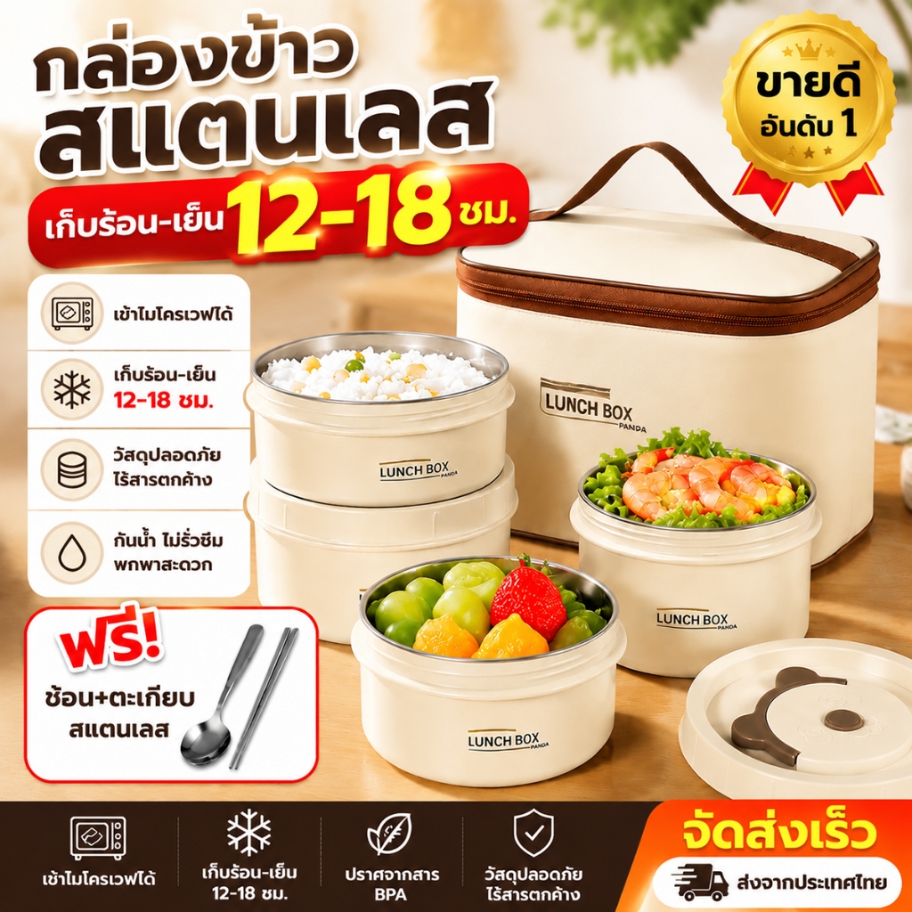ปิ่นโตเก็บความร้อน 304 กล่องข้าวสแตนเลส เก็บร้อนได้นาน กันรั่วซึม 2 ชั้น 3 ชั้น 4 ชั้น พร้อมกระเป๋าและช้อนส้อม พกพาสะดวก