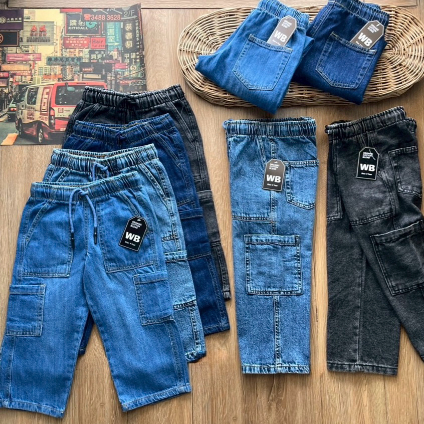 BAGGY JEANS คาร์โก้ เอวยาง ทรงสบาย ดีไซน์คลาสสิก สำหรับเด็ก 2-12 ปี