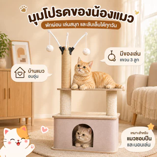 คอนโดแมวพร้อมบ้านแมว ที่ลับเล็บแมว เสาลับเล็บ ของเล่นแขวน 3 ลูก เตียงนอนแมว 2 ชั้น