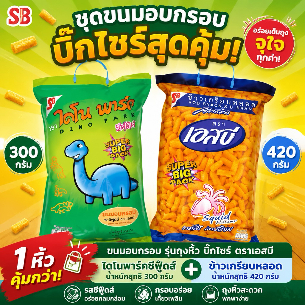 (1หิ้ว) ขนมอบกรอบ รุ่นถุงหิ้ว บิ๊กไซร์ ตราเอสบี ไดโนพาร์คซีฟู๊ดส์ 300g. & เอสบีข้าวเกรียบหลอด 420g.