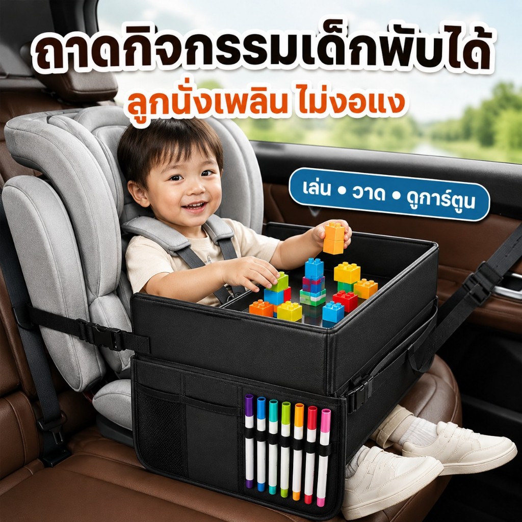 【พับเก็บได้】โต๊ะกิจกรรมเด็กในรถ Kids Travel Tray โต๊ะติดคาร์ซีท วาดรูป เล่นของเล่น ดูการ์ตูน มีช่องเก็บของ สำหรับเดินทาง