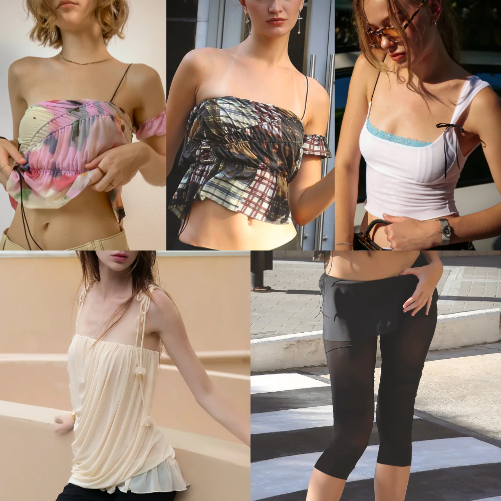 Try_yorata | Blursday Michelin top, Blue lace, Legging Skants, Flowing top เสื้อครอป สายเดี่ยว สายผูกดอกไม้