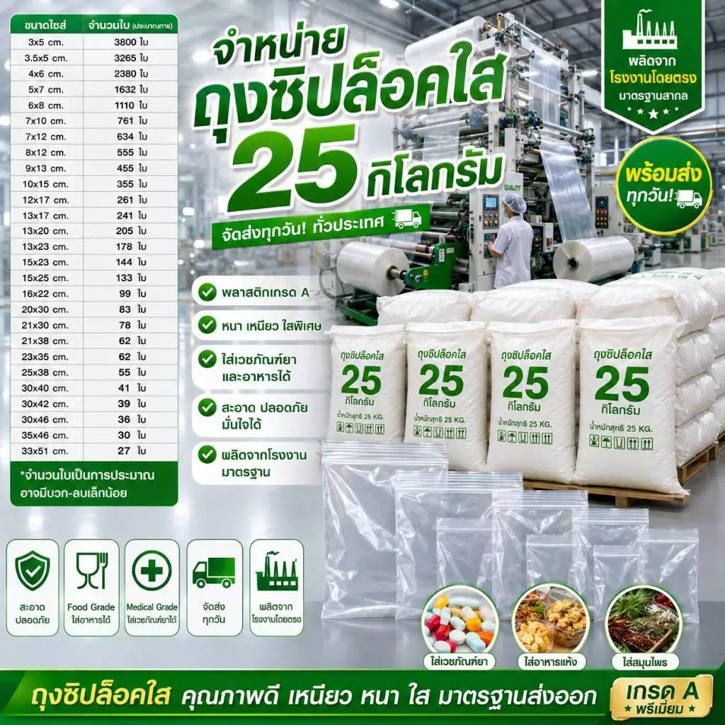 ถุงซิปล็อคใส ยกระสอบ 25 กิโลกรัม เกรดA สะอาด หนา ปิดเเน่น ถุงซิปใส