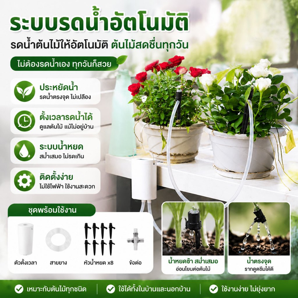 ชลประทานอัตโนมัติแบบตั้งเวลา ชุดน้ำหยดอัตโนมัติ เหมาะสำหรับสวน ระเบียง สะดวกแม้ไม่อยู่บ้านหรือช่วงวันหยุดยาว