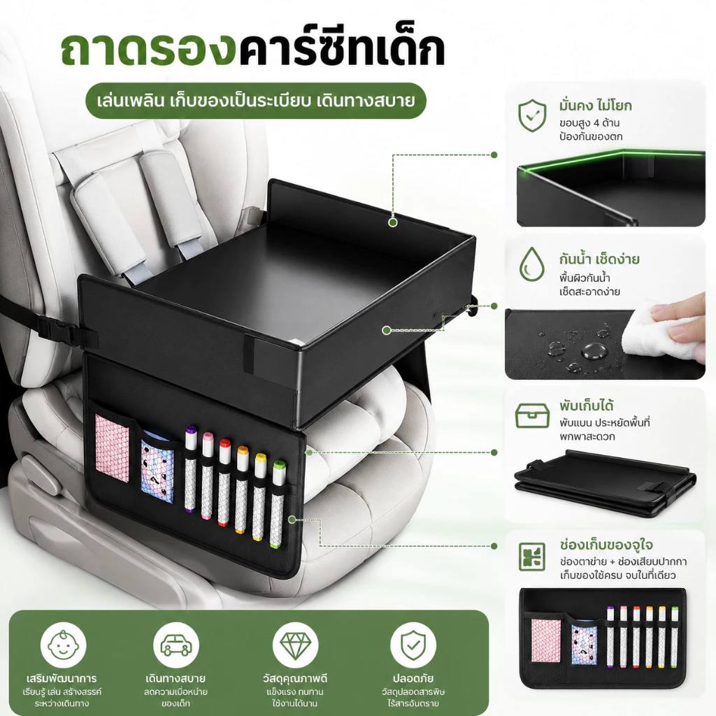 ถาดรองคาร์ซีทเด็ก ขอบสูงกันของตก กันน้ำ เช็ดง่าย พับเก็บได้ มีช่องใส่ของ