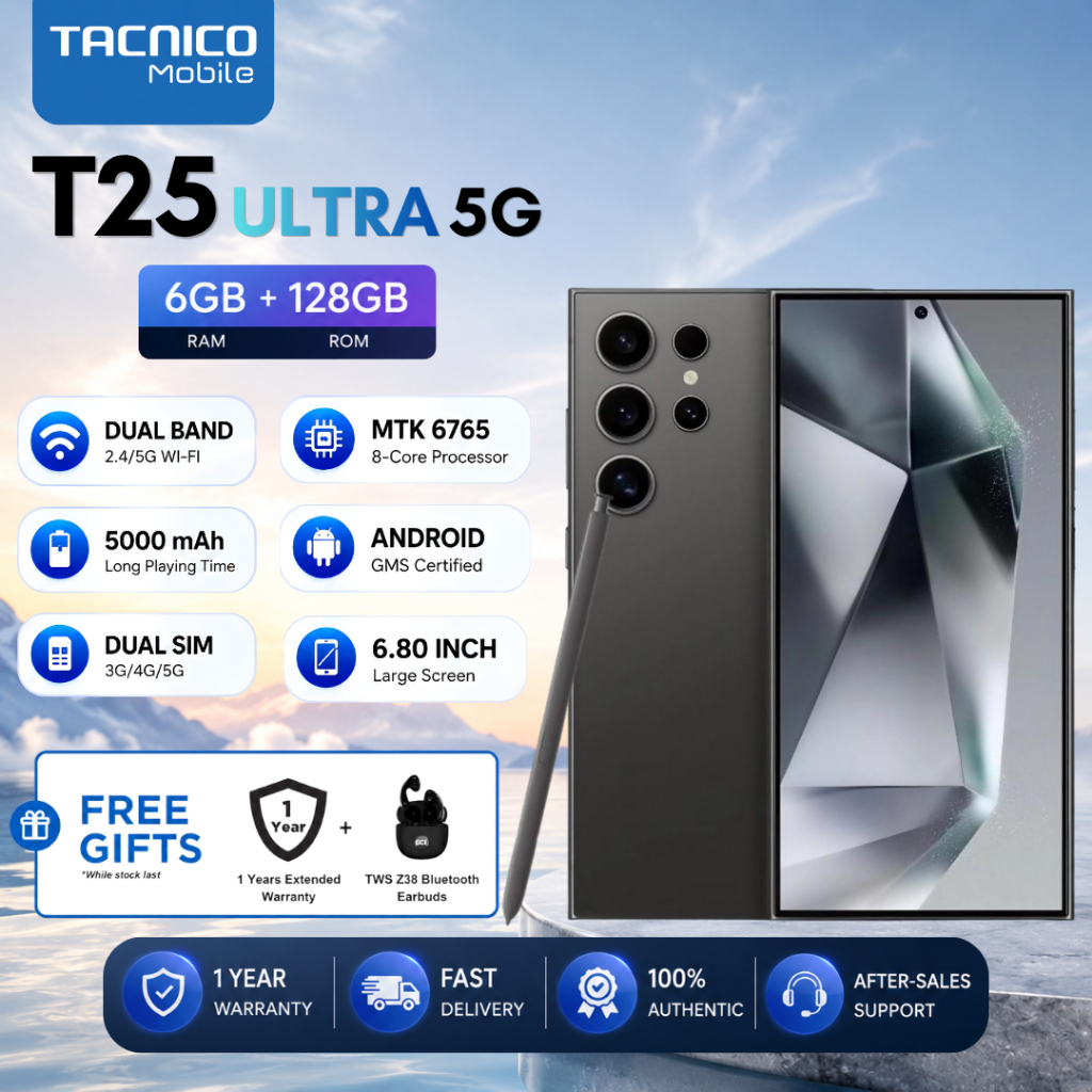 Tacnico T25 Ultra Pro 5G 8+128GB หน้าจอ 6.8 นิ้ว กล้อง AI 21MP ชิป Helio G99 ชาร์จไว 33W Flash Charge รองรับ 5G