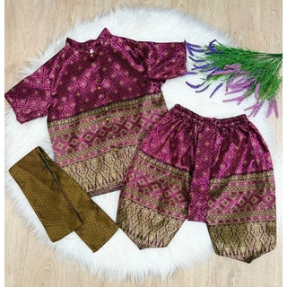 ชุดไทยเด็กผู้ชาย คอจีนผ้าไหมลำพูน เสื้อ+โจงกระเบนและผ้าคาดเอว FV107