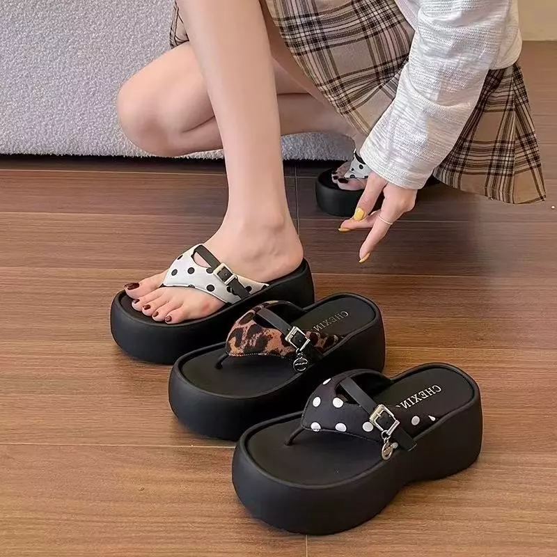 One for all พร้อมส่งจากไทย TX798(เจ็ดเก้าแปด) รองเท้าแตะคีบส้นหนา ใส่สบาย เพิ่มสูง7CM ลายจุด/ลายเสือ สำหรับผู้หญิง