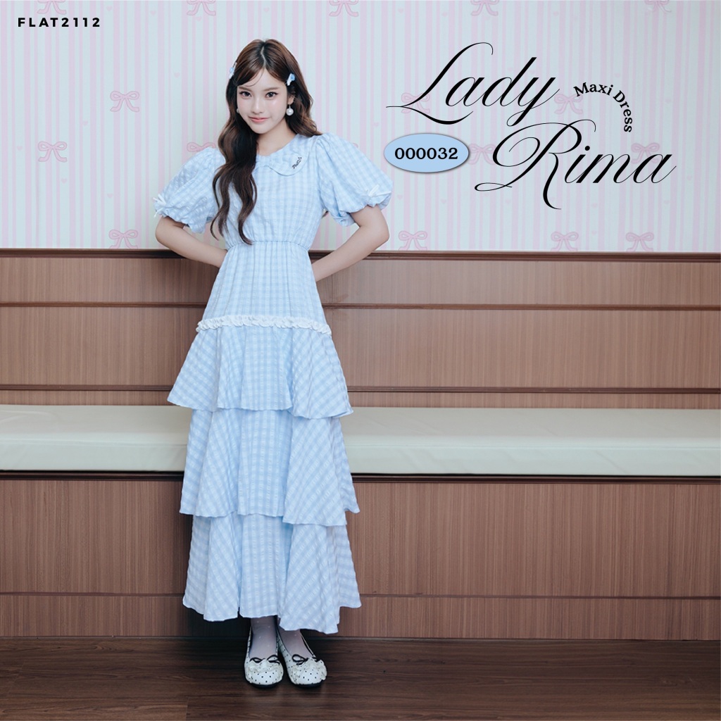 FLAT2112 : LADY RIMA MAXI DRESS เดรสยาวลายสก็อตสีฟ้าขาว, เดรสยาวลายสก็อต, ชุดเดรสยาวชั้นๆ, เดรสยาวระบายชั้น (000032)