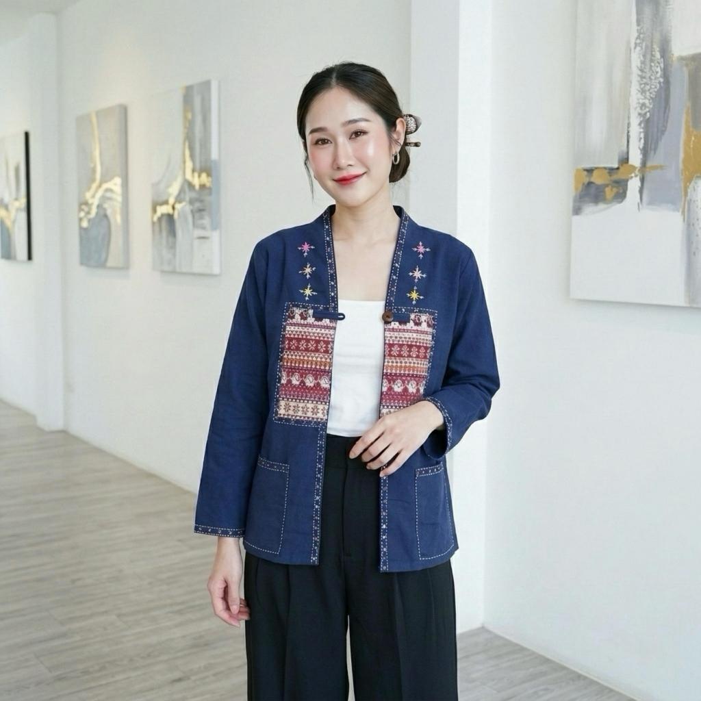 เสื้อคลุมผ้าฝ้าย งานปักดอก กระดุมกะลา งานปักมือแฮนด์เมด ผ้าเนื้อนุ่ม