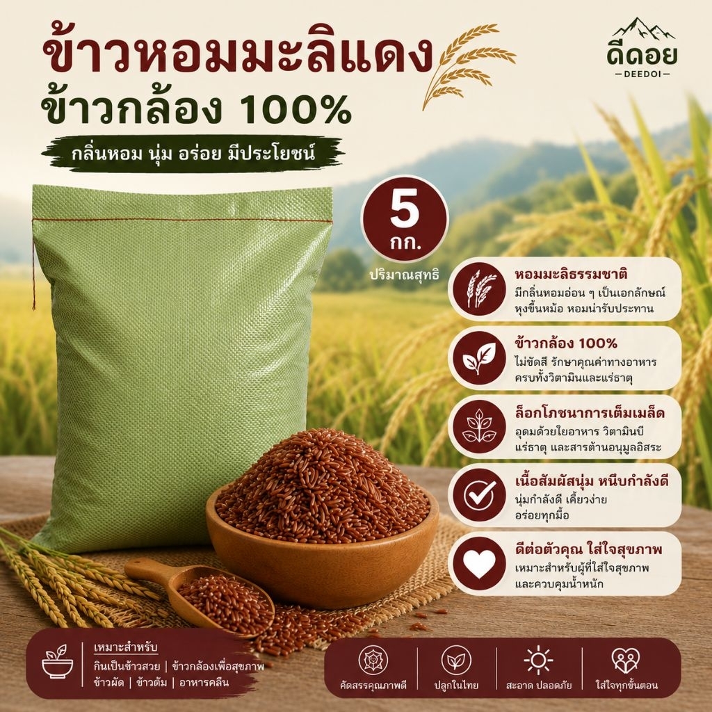 ข้าวหอมมะลิแดง ข้าวกล้อง 5 กก. เมล็ดเรียวยาว หอม นุ่ม อร่อย ข้าวคุณภาพจากเกษตรกรไทย