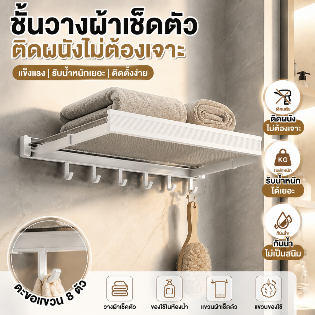 🚿EasyFix ราวแขวนผ้าเช็ดตัว ราวแขวนผ้า ราวแขวนผ้าขนหนู ราวตากผ้าพับได้ ไม่ต้องเจาะผนัง ยืดหดได้ drying rack ที่ตากผ้า