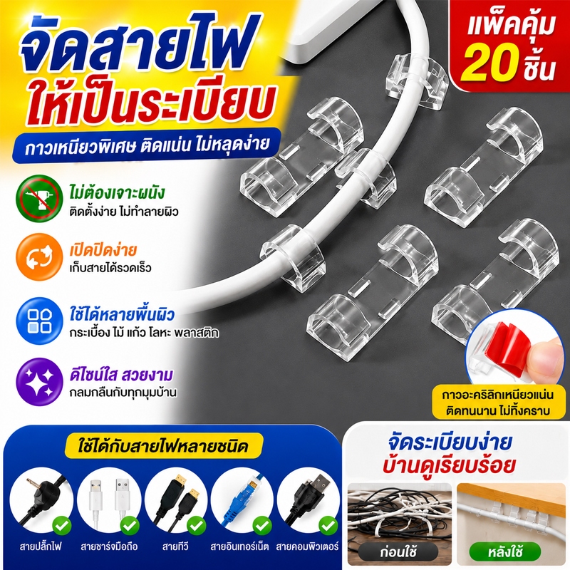 ตัวล็อกสายไฟ ที่เก็บสายไฟ กาวเหนียวพิเศษ ติดแน่น ไม่หลุดง่าย (1แพ็ค 20ชิ้น) จัดสายไฟให้เป็นระเบียบ