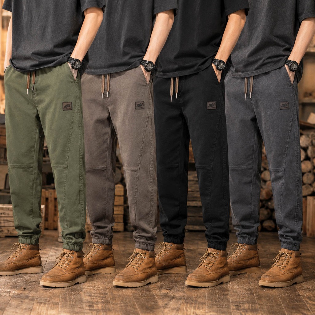 กางเกงคาร์โก้ผู้ชาย Workwear ทรงจ็อกเกอร์ เอวยางยืด ปลายขาจั๊ม ไม่รัดขา