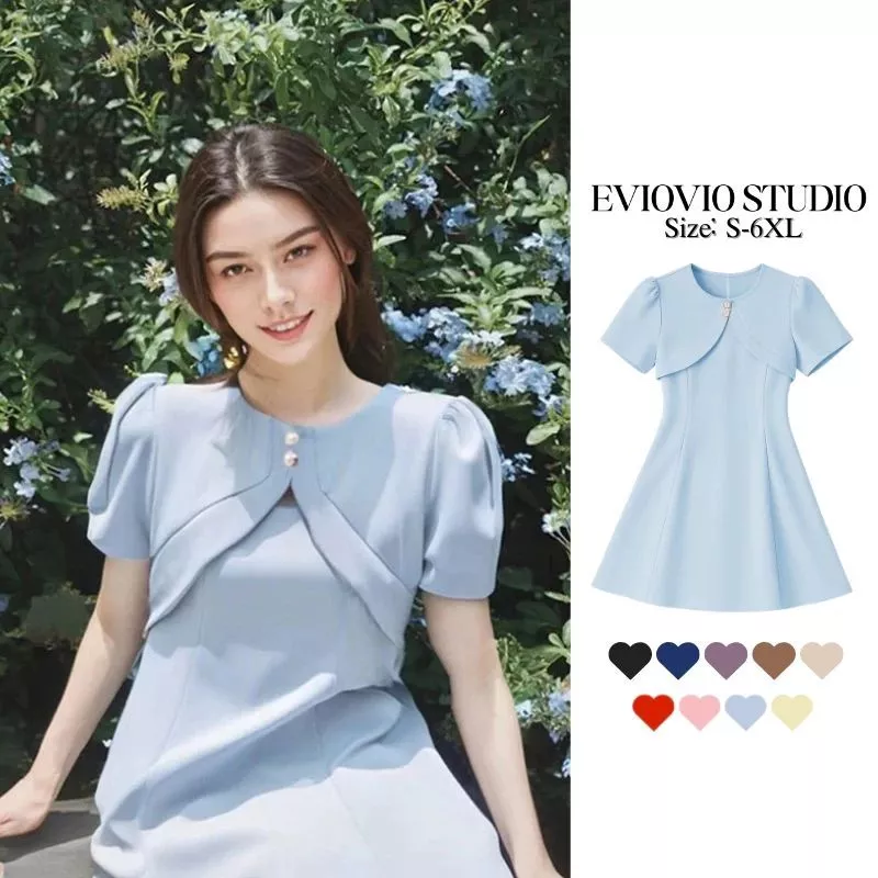 เติมของแล้ว📌【EVIOVIO】S-6XL เดรสสไตล์ฝรั่งเศส ดีไซน์เรียบหรู ช่วยให้ดูหุ่นเพรียว ยาวปานกลาง เดรสพลัสไซซ์ พร้อมส่งจากไทย☘️