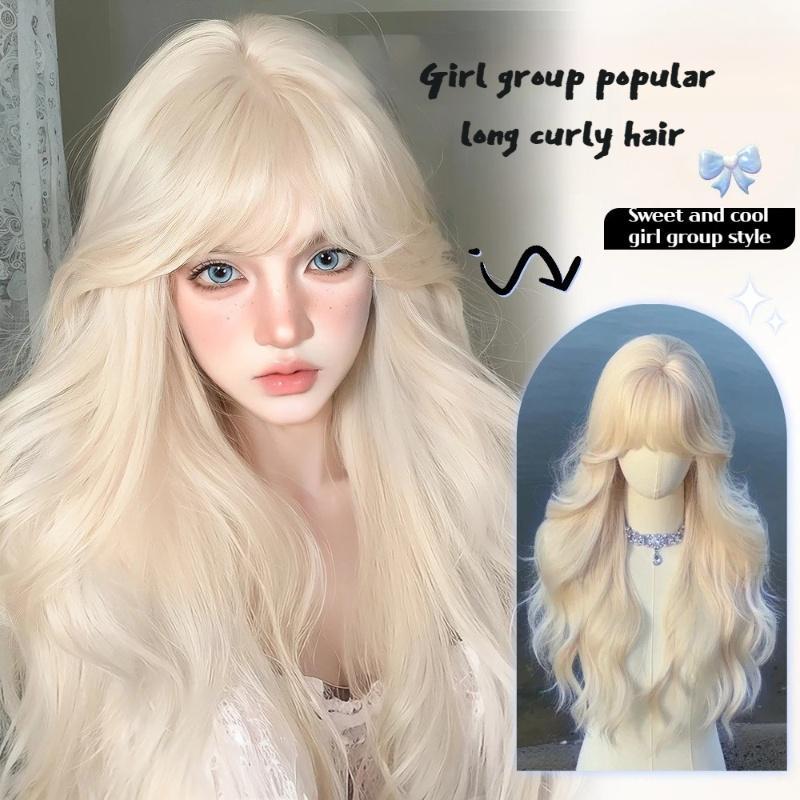 68cm คอสเพลย์วิกผมหยิกคลื่นใหญ่วิกผมสีทองสีขาววิกผมสำหรับผู้หญิงผมยาวผู้มีอิทธิพลคลื่นใหญ่ JK เต็มหยิกหน้าม้าวิกผมปาร์ตี