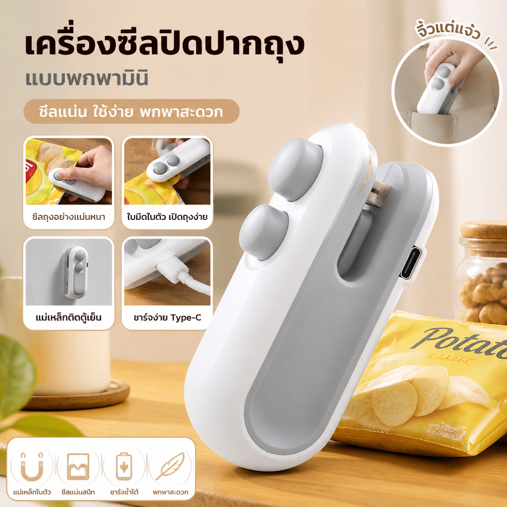 เครื่องซีลปิดถุงพกพา ชาร์จไฟได้ 2in1 ปิดผนึก+ตัดขอบ ถนอมอาหาร แม่เหล็กติดตู้เย็น