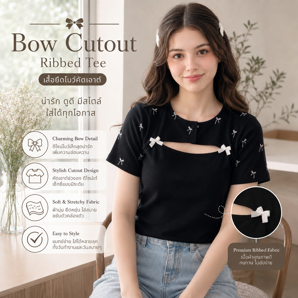 A612 เสื้อยืดแขนสั้น Baby teen เสื้อครอปแขนสั้น เสื้อเว้าอก แต่งโบว์ขาว ให้ลุคคุณหนูน่ารักปนเซ็กซี่