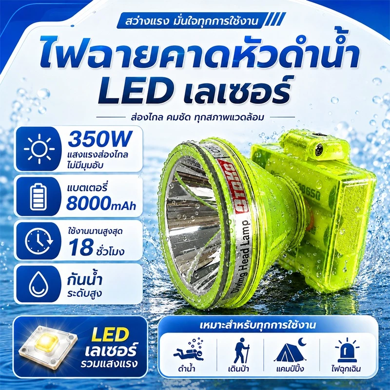 ไฟคาดหัว 350W ไฟคาดหัวดำน้ำ แบตในตัว กันน้ำเต็มตัว 4โหมดไฟ อุปกรณ์ดำน้ำตกปลากลางคืน New