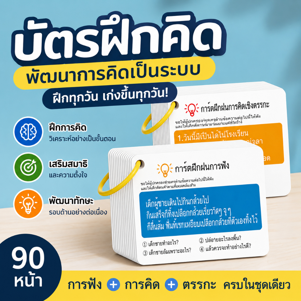 การ์ดฝึกสมาธิเด็ก บัตรคำฝึกความจำ ฝึกคิดเชิงตรรกะ เสริมพัฒนาการ การ์ดคำถามพ่อแม่ลูก ชุด 90 ใบ