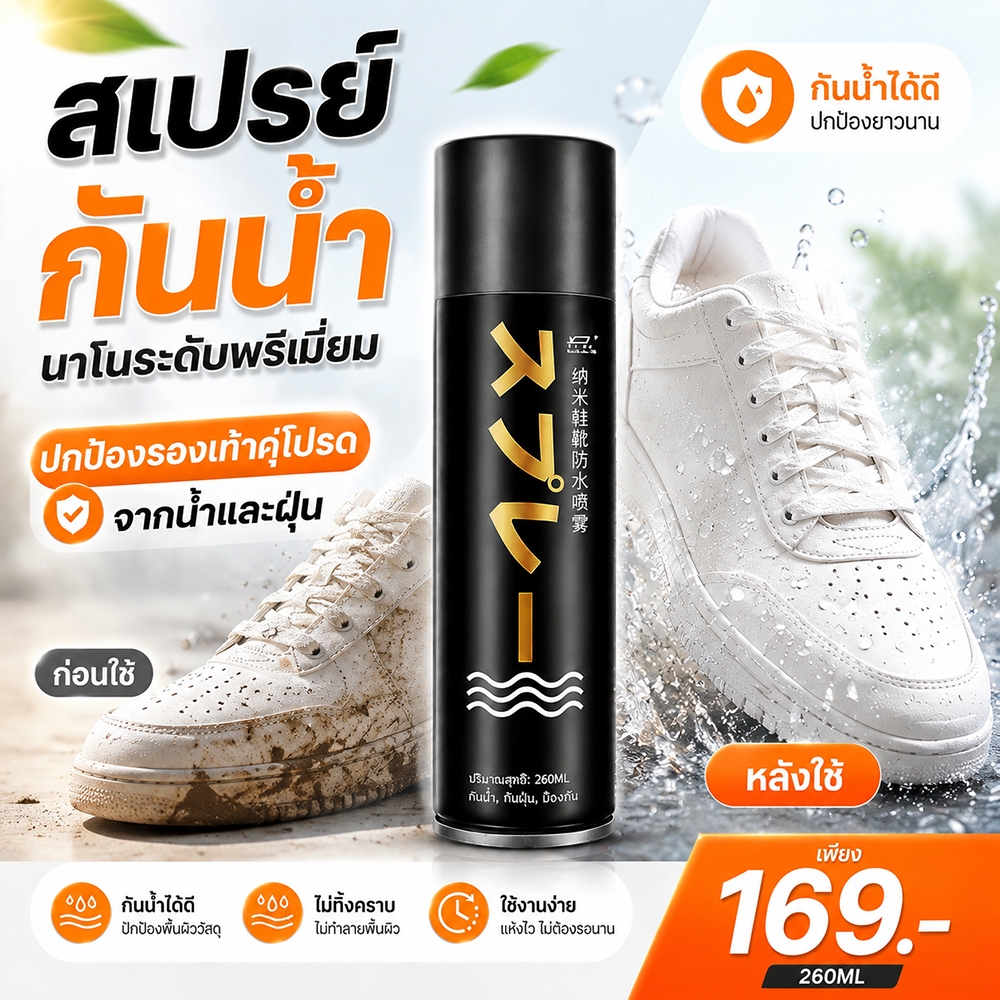 【สินค้าพร้อมส่ง】(1แถม1) สเปรย์กันน้ำรองเท้า 260ML สเปรย์นาโน จากญี่ปุ่น กันน้ำกันสิ่งสกปรก ใช้ได้กับรองเท้ากระเป๋าเสื้อผ