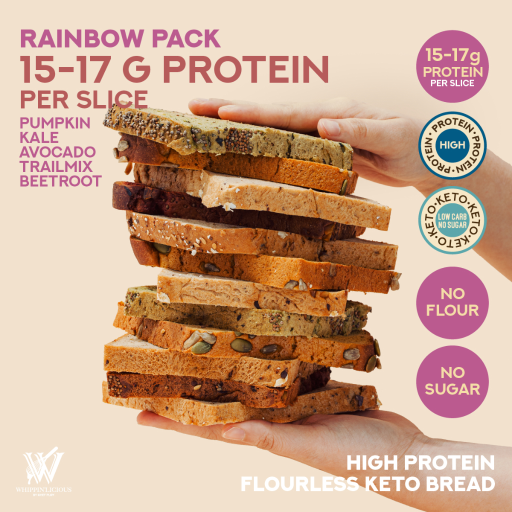 ขนมปัง ไร้แป้ง ไร้น้ำตาล โปรตีนสูง 15-17 กรัมต่อแผ่น HIGH-PROTIEN BREAD RAINBOW KETO PACK