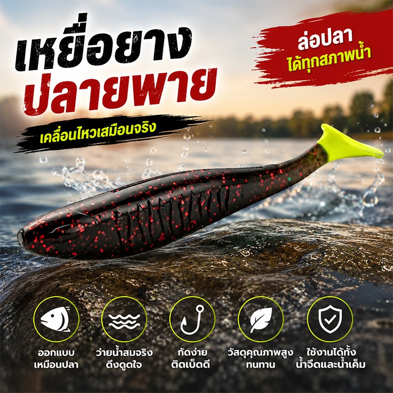 7PCSเหยื่อยางหางที เหยื่อปลอมตกปลา เหยื่อยางนิ่ม เหนียว ทนฟันปลา แอคชั่นส่ายดี สำหรับปลาช่อน กะพง ชะโด กระสูบ