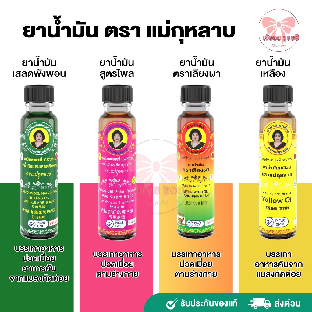 LIVEลด50% 2ทุ่ม!! น้ำมันเหลืองสูตรไพล/น้ำมันเขียวเสลดพังพอน/น้ำมันเลียงผา ตราแม่กุหลาบ  สมุนไพรแม่กุหลาบ ขนาด 20/7/3cc.