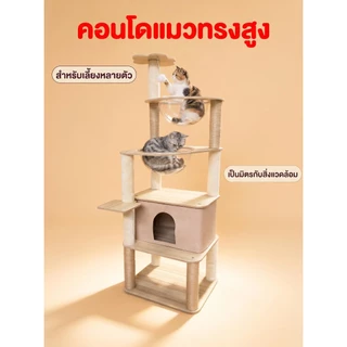 โครงปีนป่ายสำหรับแมว 4 ชั้นนี้ มีแคปซูลใส 2 อัน และที่นอนแมวทำจากผ้าสักหลาด เหมาะสำหรับบ้านที่มีแมวหลายตัว ชั้นบนสุดมีลู