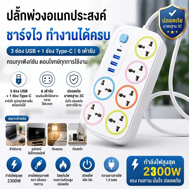✨รับประกัน 2 ปี✨ปลั๊กไฟ มีUSB 2300W รางปลั๊กไฟ ปลั๊กอเนกประสงค์ หัวชาร์จUSB
