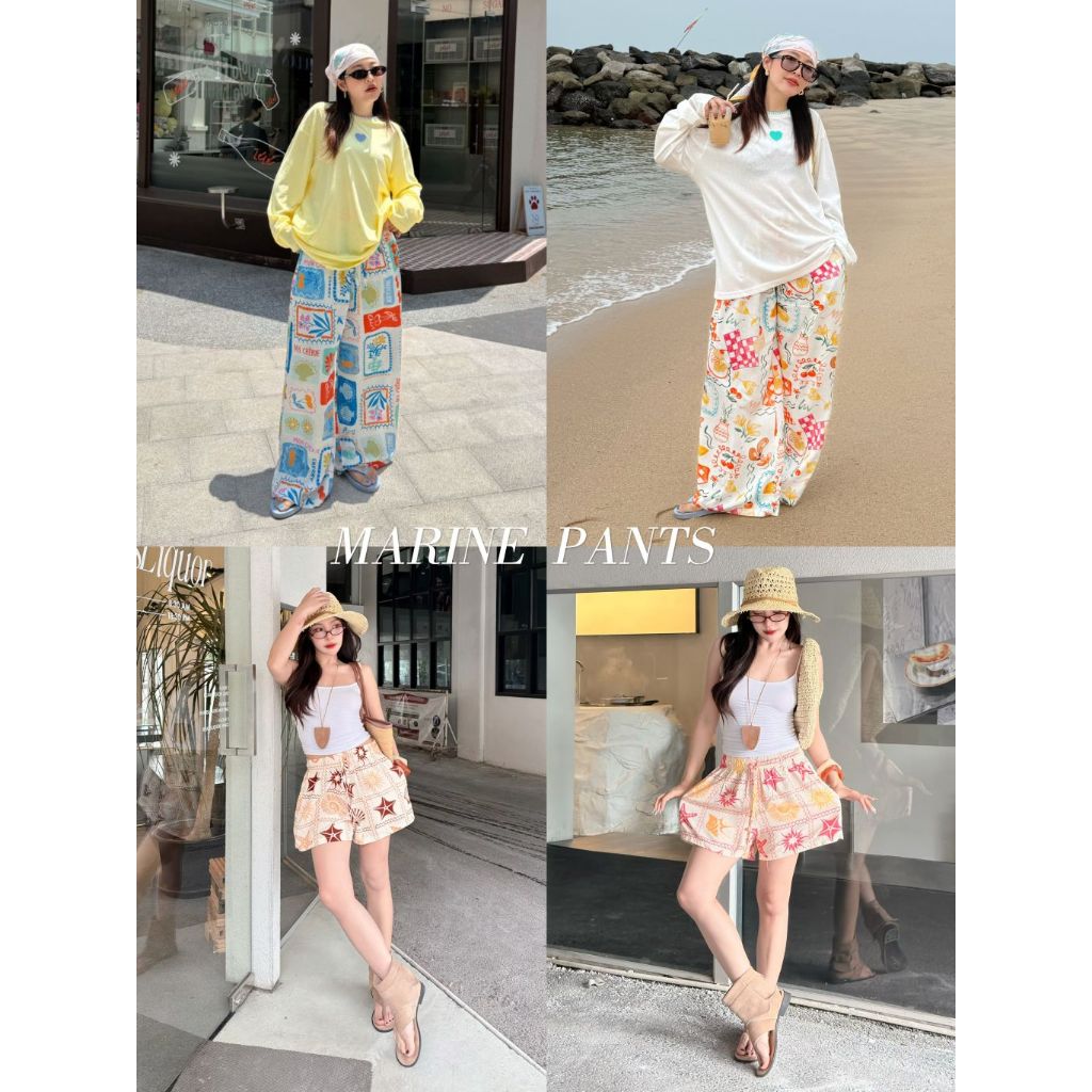 Marine Pants - ขายาว/ขาสั้นพิมพ์ลาย ผ้าพริ้วใส่สบาย (ส่งด่วน)