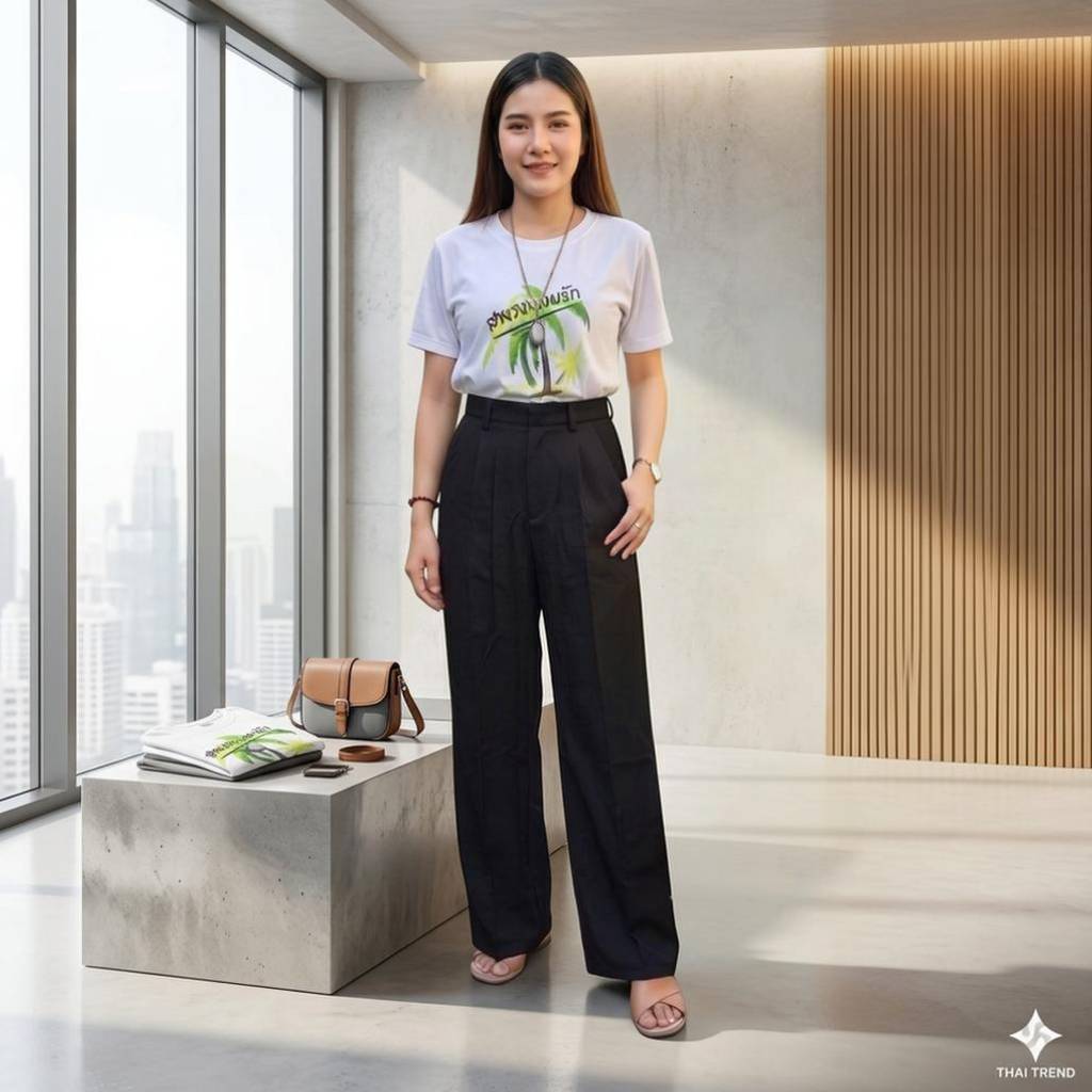 กางเกงขายาวผู้หญิง "S-2XL" รุ่นกระบอกเล็กตะขอหน้า (ผ้าลายสอง)