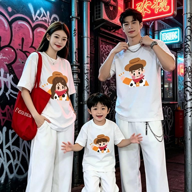 COD-เสื้อครอบครัว 3 คน ฤดูร้อน 2026 เสื้อยืดสีดำลายการ์ตูนคาวบอยพ่อแม่ลูก ผ้านุ่มระบายอากาศดี สไตล์กำแพงกราฟฟิตตี้นีออน
