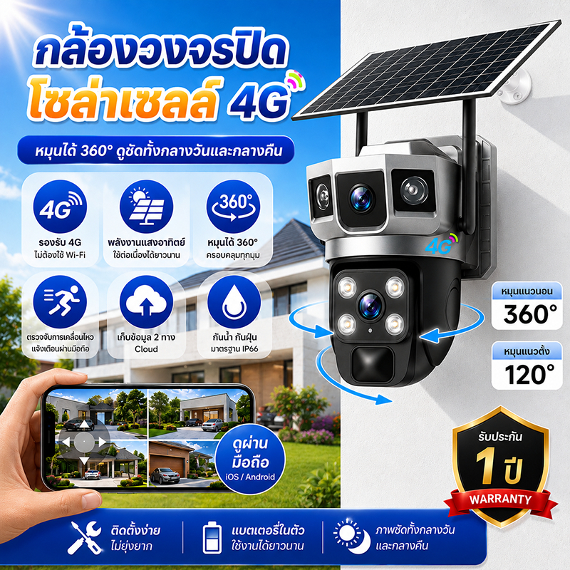 V380 กล้องวงจรปิด WiFi/4G สองเลนส์ แสดงภาพ 3 ช่อง คืนสีเต็ม สนทนาสองทาง AI ติดตามคน อาศัยพลังงานโซล่าเซลล์ กันน้ำใช้กลาง