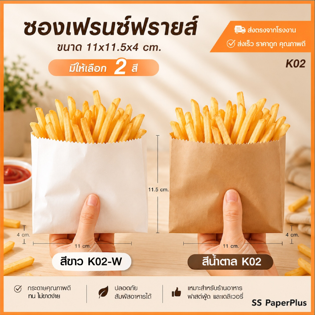 ซองเฟรนช์ฟรายส์  ถุงเฟรนช์ฟรายส์ ถุงขนม ขยายข้าง ขนาด 11x11.5x4 ซม (100ใบ)