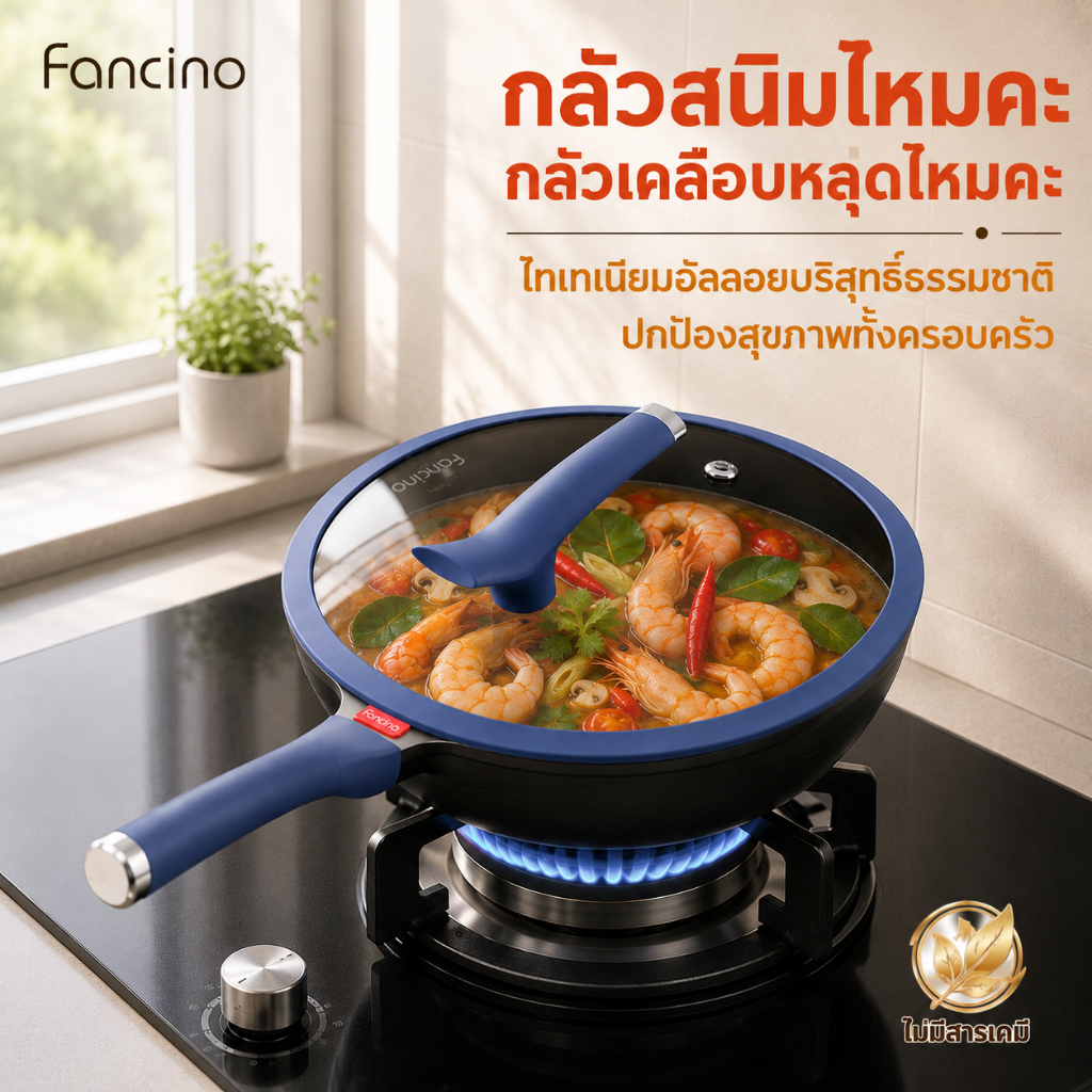 Fancino กระทะไทเทเนียม 32ซม รับประกันไม่ติดกระทะ คืนเงินหากกระทะติด ใช้ได้กับเตาทุกชนิด ปราศจาก PFOA PFAS มีฝา