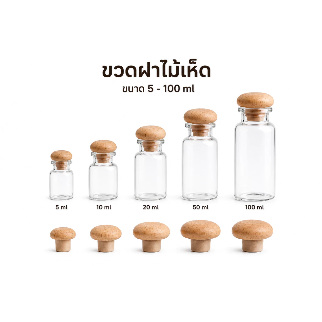 ขวดแก้วฝาไม้เห็ด 5 ml- 100 ml