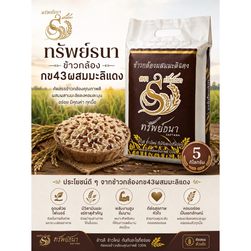 ข้าวกล้องกข43ผสมมะลิแดง ขนาดกระสอบ5kg. ตราทรัพย์ธนา ข้าว2ชนิดในกระสอบเดียว
