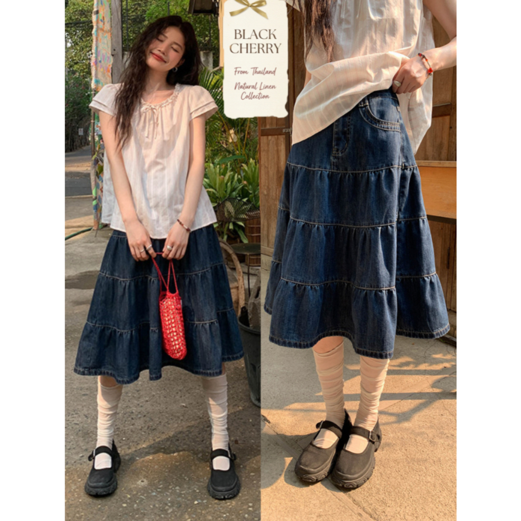 Vintage Denim Skirt กระโปรงยีนส์แฟชั่น เอวสูงทรงเอ ดีเทลเย็บต่อชั้น ลุคชิวๆ พร้อมส่ง | Black Cherry