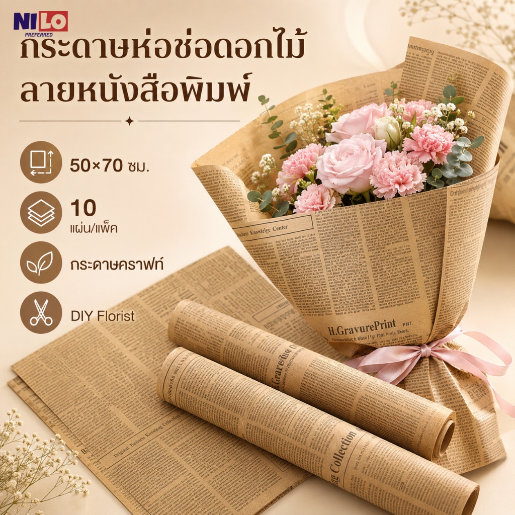 กระดาษห่อดอกไม้ลายหนังสือพิมพ์ 50×70 ซม. แพ็ค 10 แผ่น สำหรับช่อดอกไม้ งานแต่ง ของขวัญ DIY