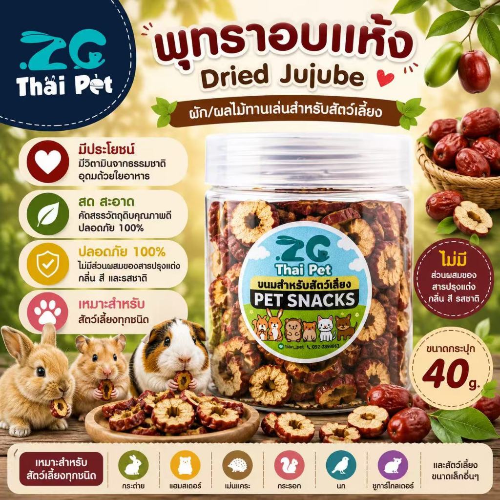 พุทราอบแห้ง Dried Jujube ขนมผลไม้ธรรมชาติสำหรับสัตว์เลี้ยง