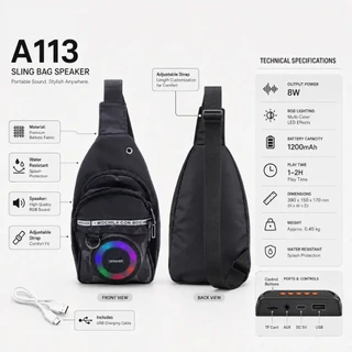 กระเป๋าสะพายลำโพง กันฝน Bluetooth RGB รุ่น A113 เสียงดัง เบสแน่น รองรับ USB/TF Card Bluetooth speaker