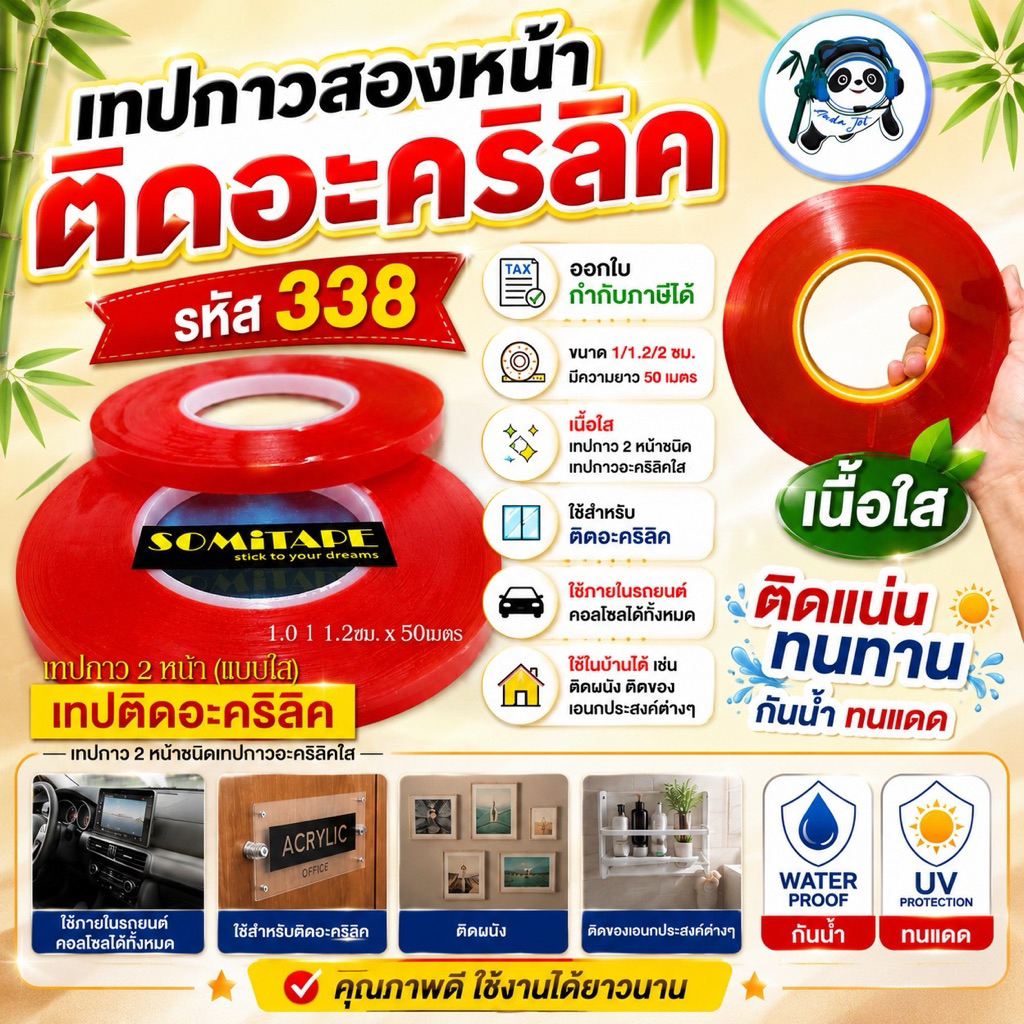 เทปกาว2หน้าแบบใส เทปกาวสำหรับงานเอนกประสงค์ ไม่ทิ้งคราบกาวเวลาลอกออก